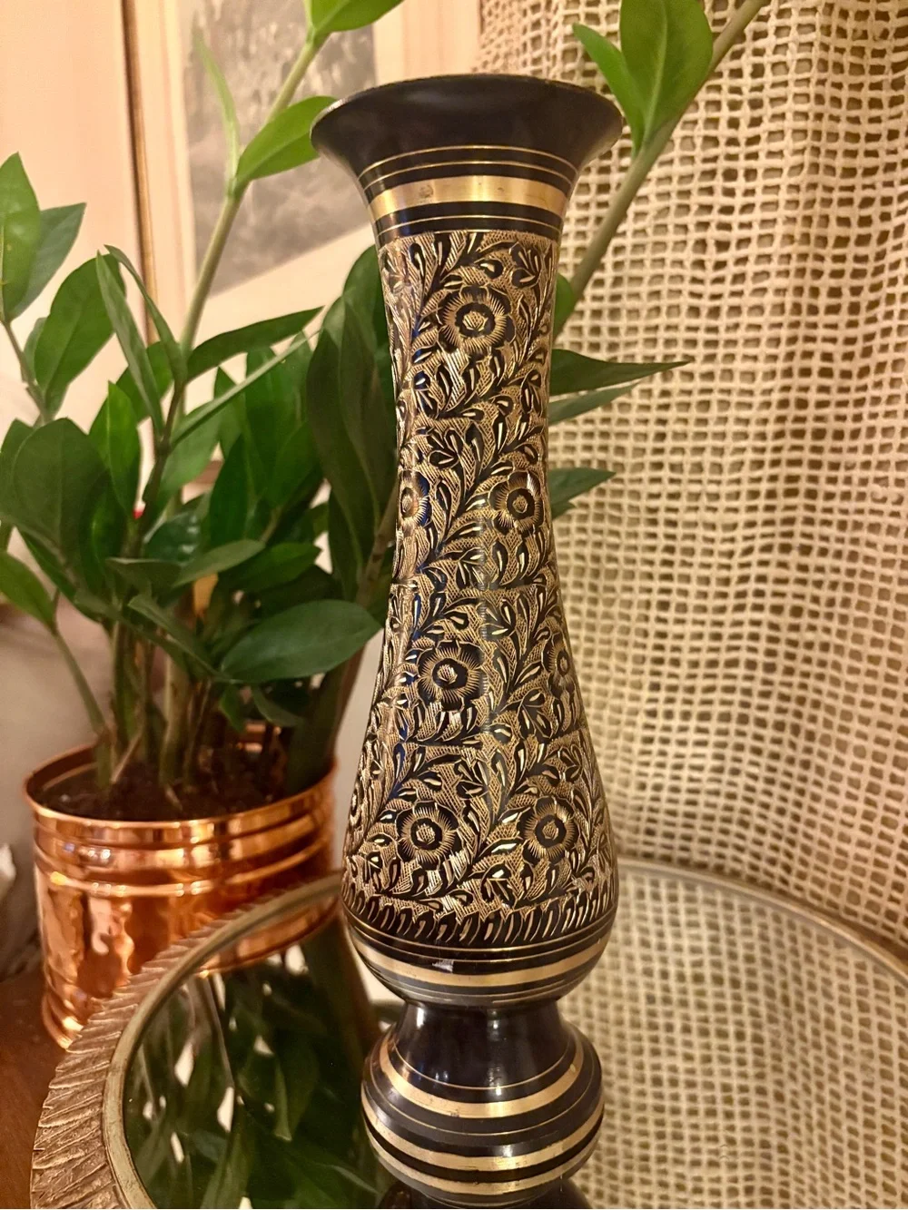 Vintage Etched Black and Gold Floral Vase